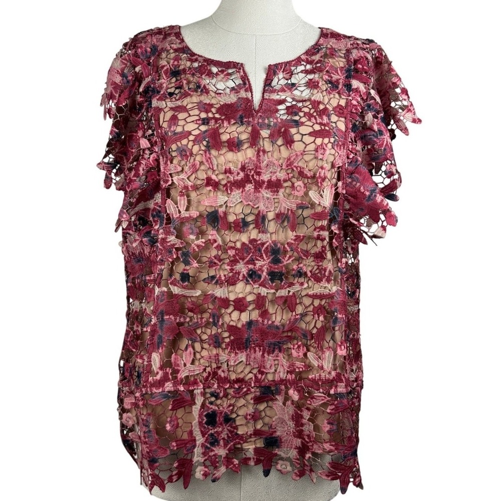 Soft Surroundings Women's Bougainvillea Lace Blouse Rose Pink‎ Floral Top Medium